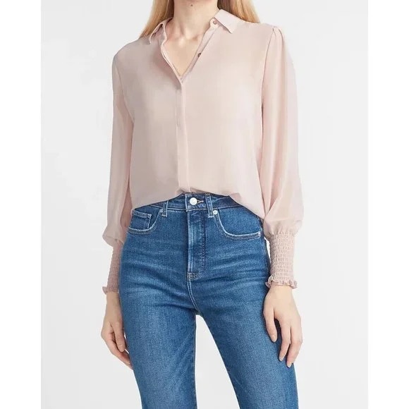 EUC Express Smocked Cuff Shirt Sheer Button Down - Picture 1 of 8